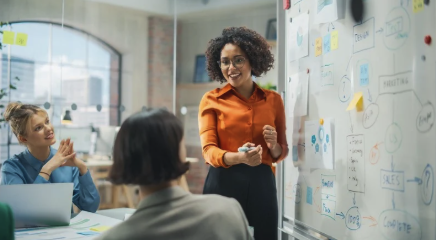 Marketing executive presenting on whiteboard