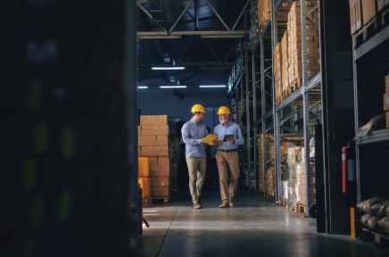 Two men walking through manufacturing facility